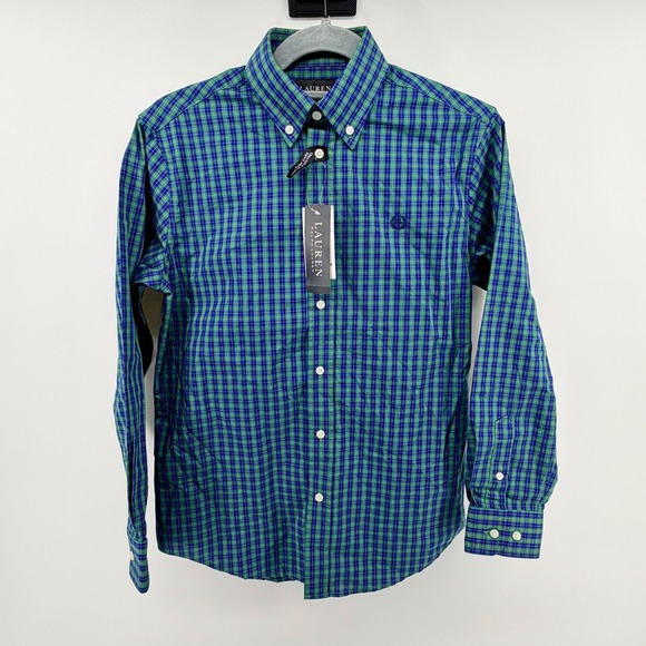 Lauren Ralph Lauren Kids Button Down Green & Navy Plaid Shirt Sz 16R NWT - Picture 2 of 8